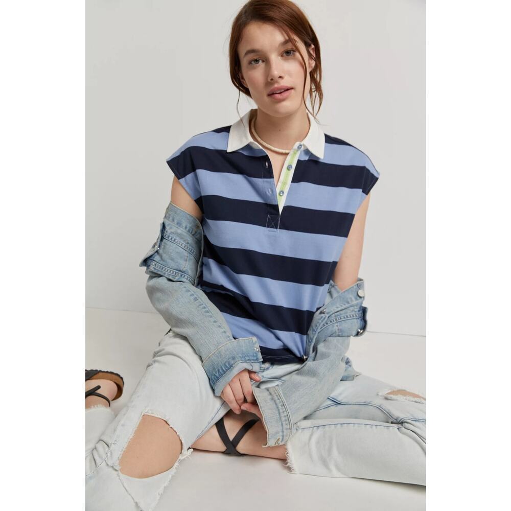 Anthropologie Maeve Porter Polo Top Large Blue Stripe Collared Preppy Coastal